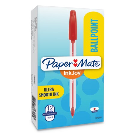 Paper Mate InkJoy 50ST Stick Ballpoint Pen, Med 1mm, Red Ink, Clear Barrel, PK12 2013156